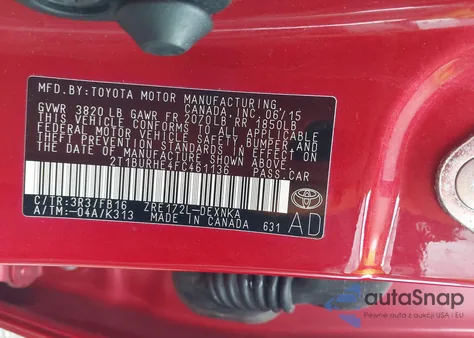 2015 Toyota Corolla Le from USA, damaged, VIN 2T1BURHE4FC461136